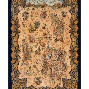 Кумский машинный ковёр «Сад птиц» 200×300 см — кремовый / бежевый, шёлк и бамбуковый шёлк