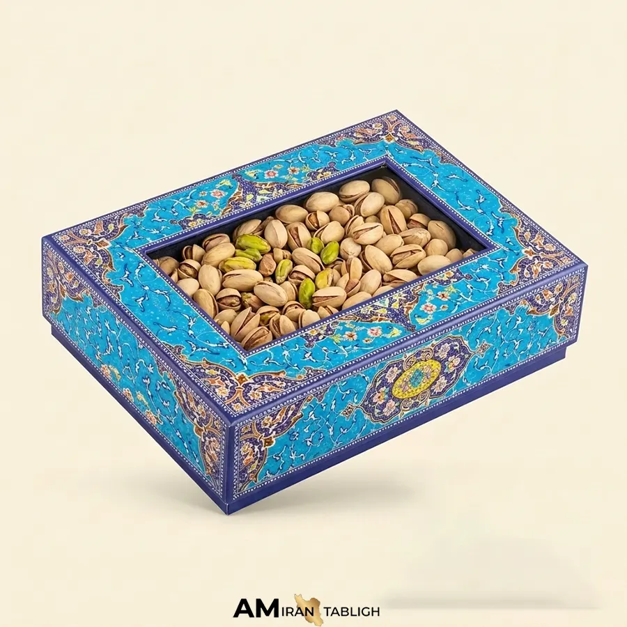 Хардбокс для орехов с бирюзовым узором «Эслими» на 1 кг и золотой крышкой SFHB-074